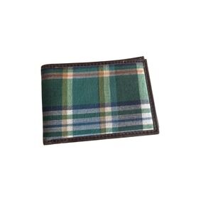 Bifold Wallet Green Plaid Fabric Brown Genuine Leather 6 Card Slots